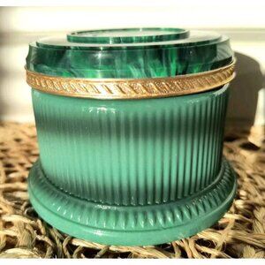 Vintage Avon Regence Milk Glass Jar, Green Glass Outside Marble Plastic Lid, EUC